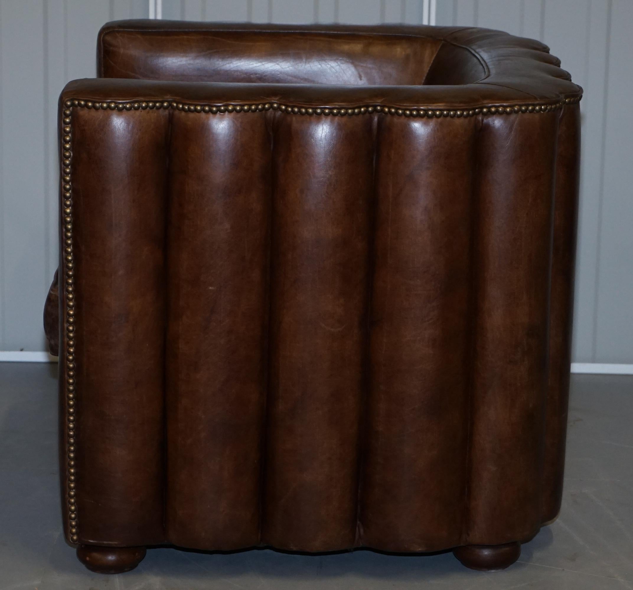 Vintage Fluted Back Art Deco Style Aged Heritage Brown Leather Club Armchair 8