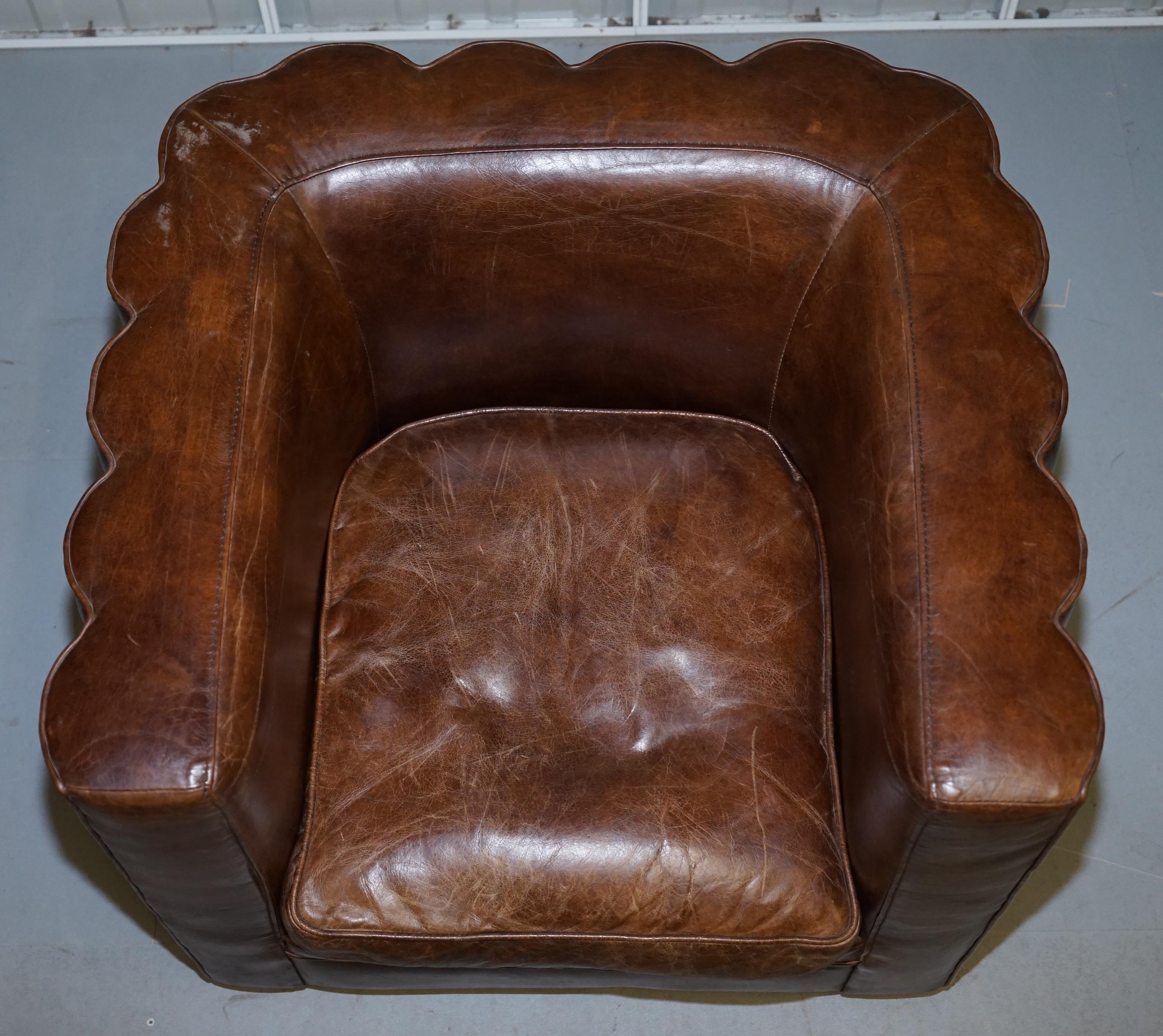 English Vintage Fluted Back Art Deco Style Aged Heritage Brown Leather Club Armchair