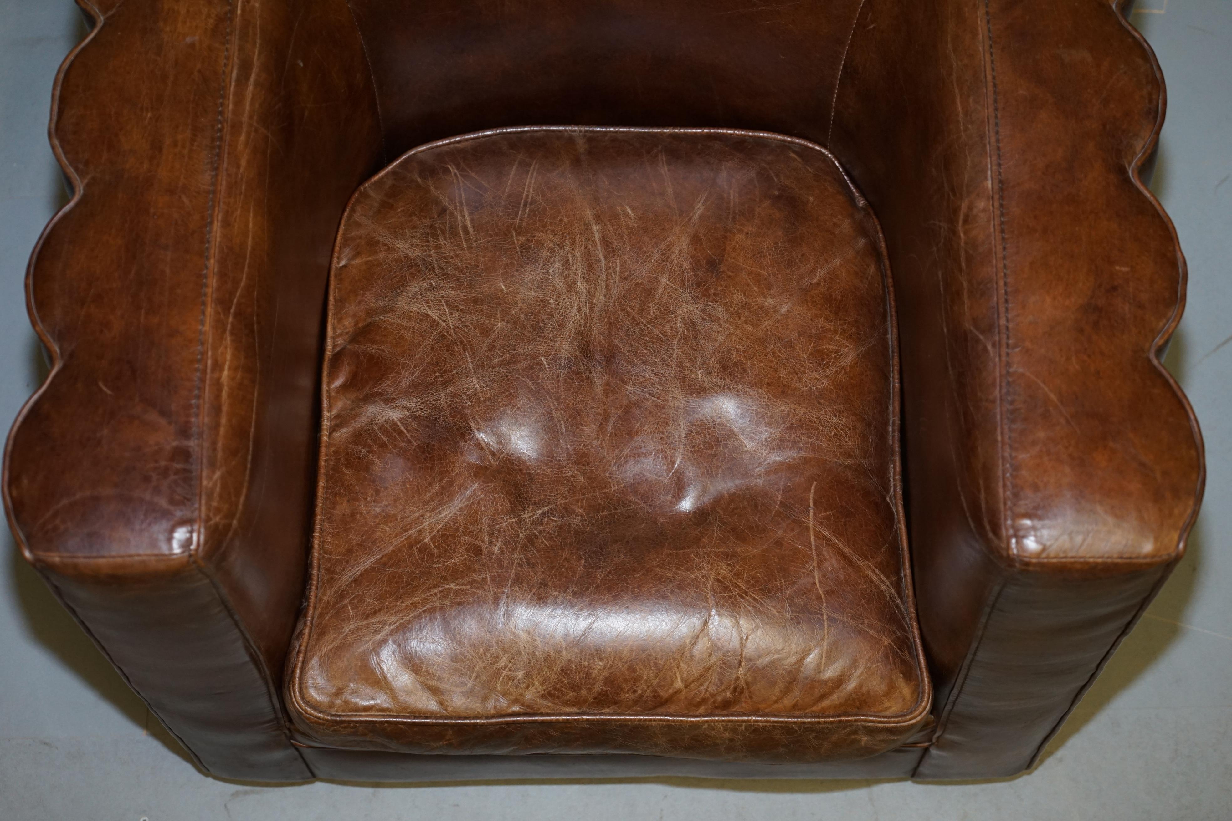 Hand-Crafted Vintage Fluted Back Art Deco Style Aged Heritage Brown Leather Club Armchair