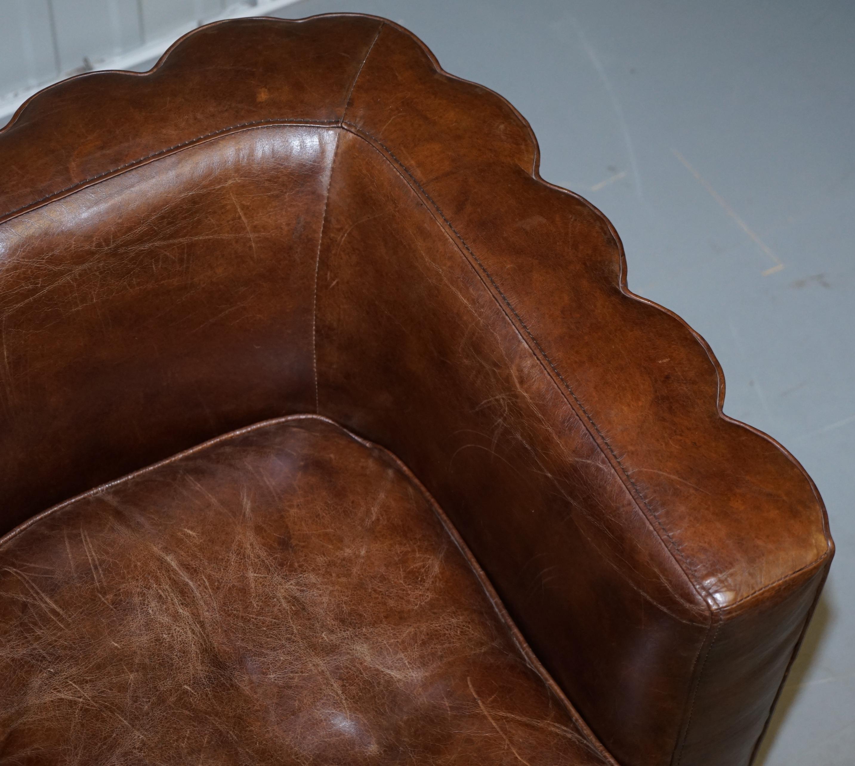 Vintage Fluted Back Art Deco Style Aged Heritage Brown Leather Club Armchair 1