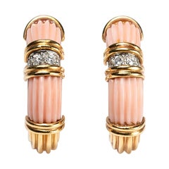 Vintage Fluted Coral, Diamond and Gold Hoop Earrings, Circa 1970
