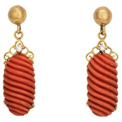 Vintage Fluted Coral Earrings Diamond 18k Yellow Gold 1.25" Drops Fine Jewelry