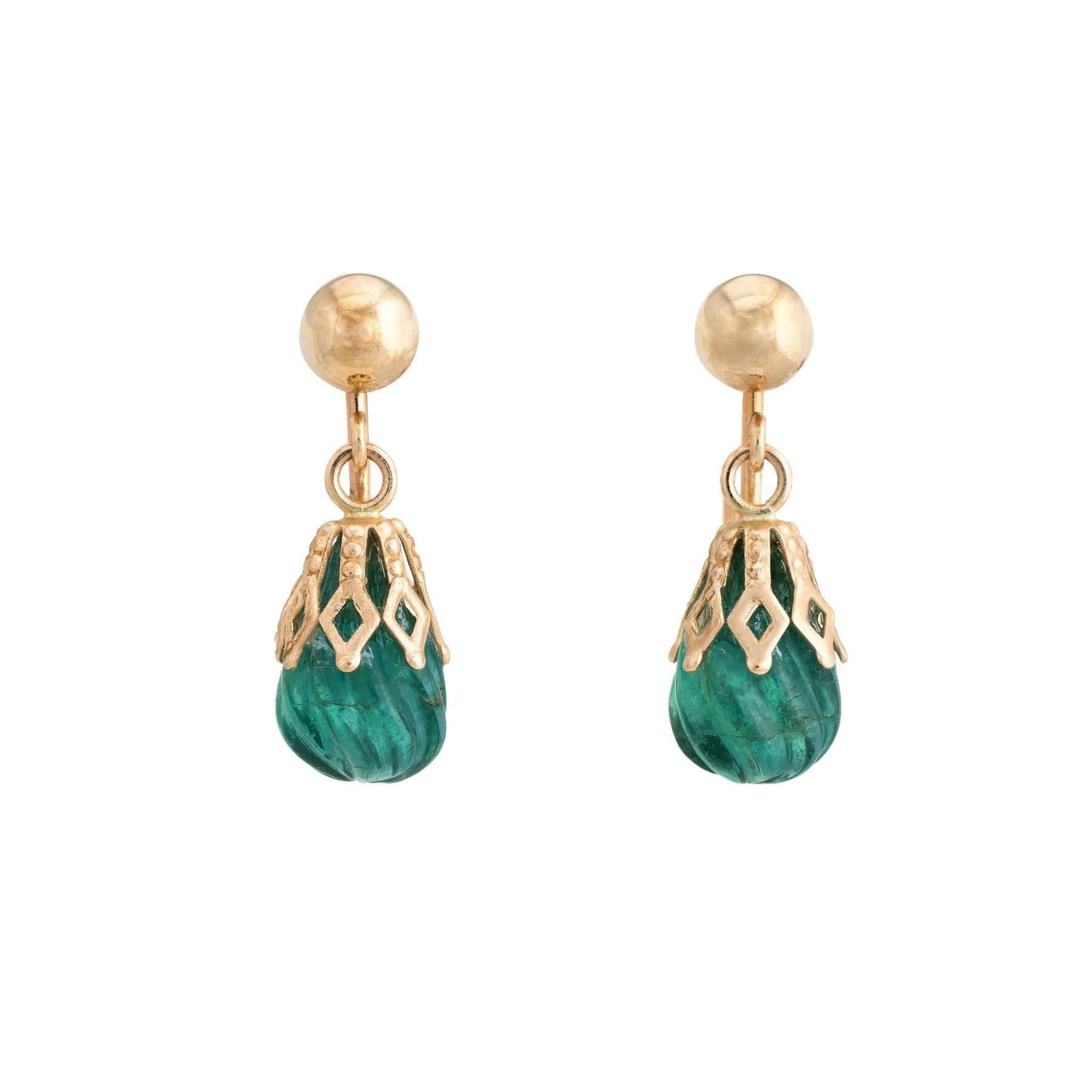 Women's Vintage Fluted Emerald Earrings 14 Karat Gold Drops Estate Jewelry Screw Backs
