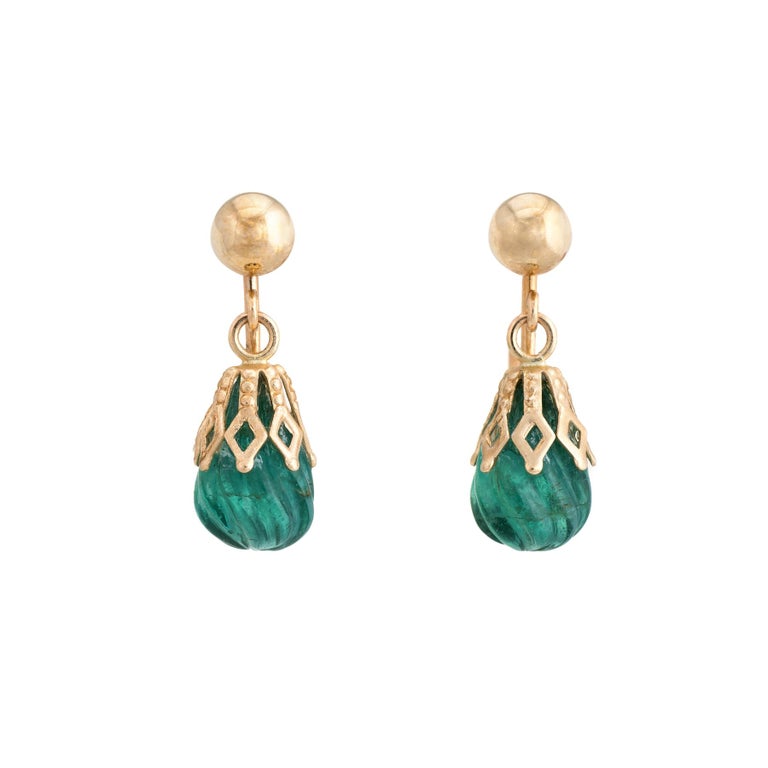 Vintage Fluted Emerald Earrings 14 Karat Gold Drops Estate Jewelry ...