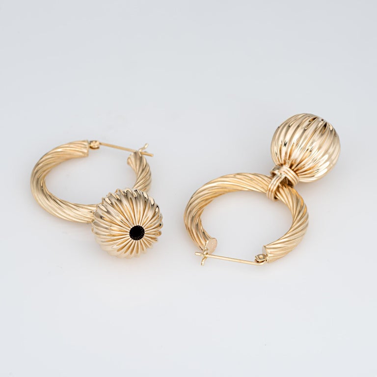 Vintage Fluted Gold Hoop Earrings Ball Drops 14k Yellow Gold Long