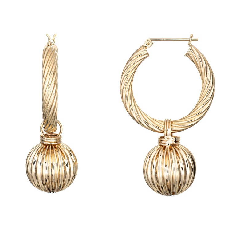Vintage Fluted Gold Hoop Earrings Ball Drops 14k Yellow Gold Long