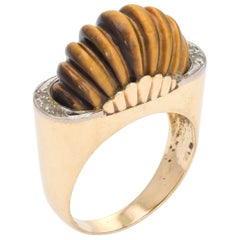 Vintage Fluted Tigers Eye Diamond Ring 14 Karat Gold Domed Estate Jewelry