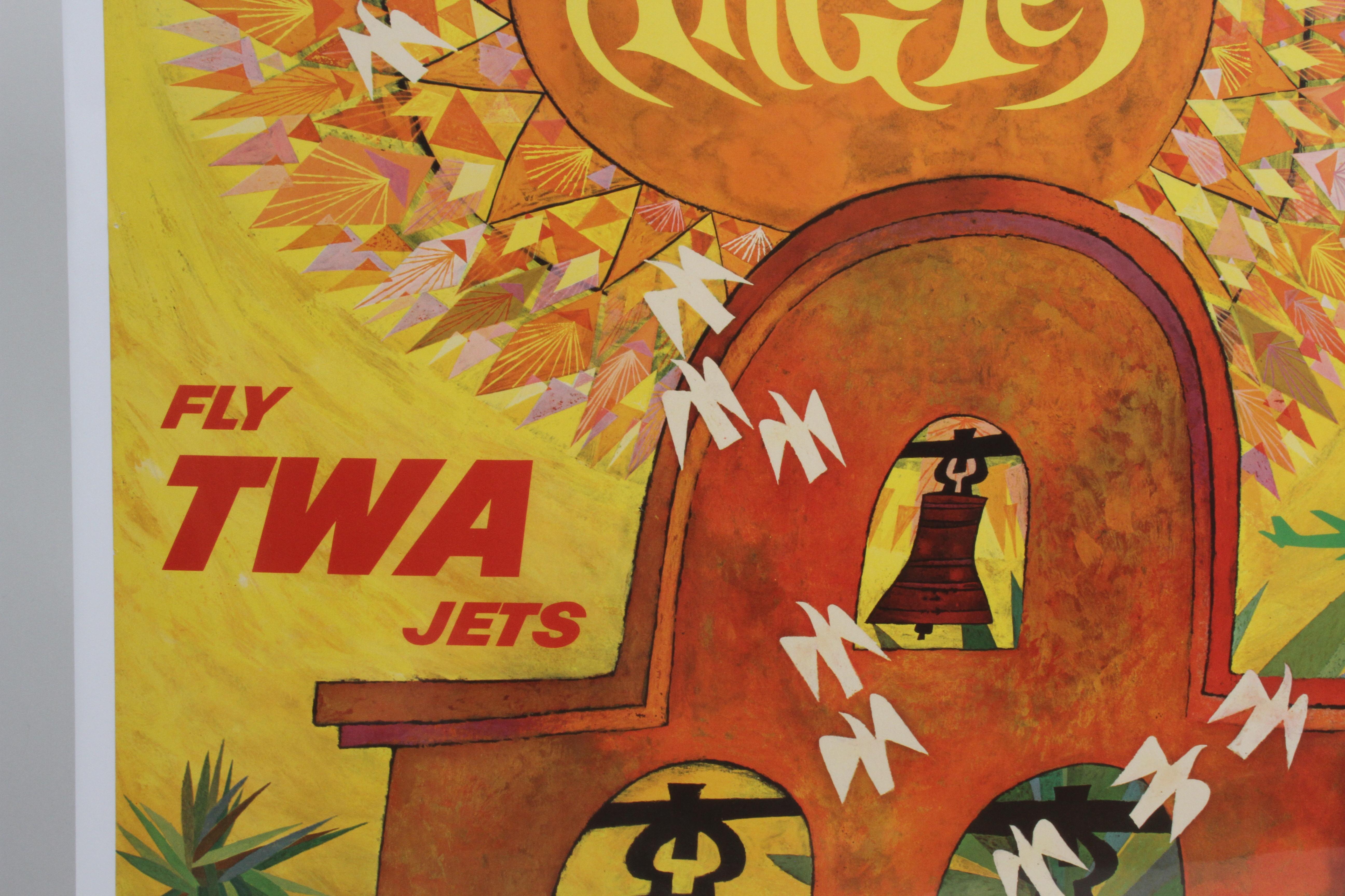Super cool 1960s Fly TWA Airlines to Los Angles poster by famed artist David Klein. In very nice vintage condition, with only a few pins holes in the corners, center top and bottom. Currently behind shrink wrap, support by foam core. Unmounted.