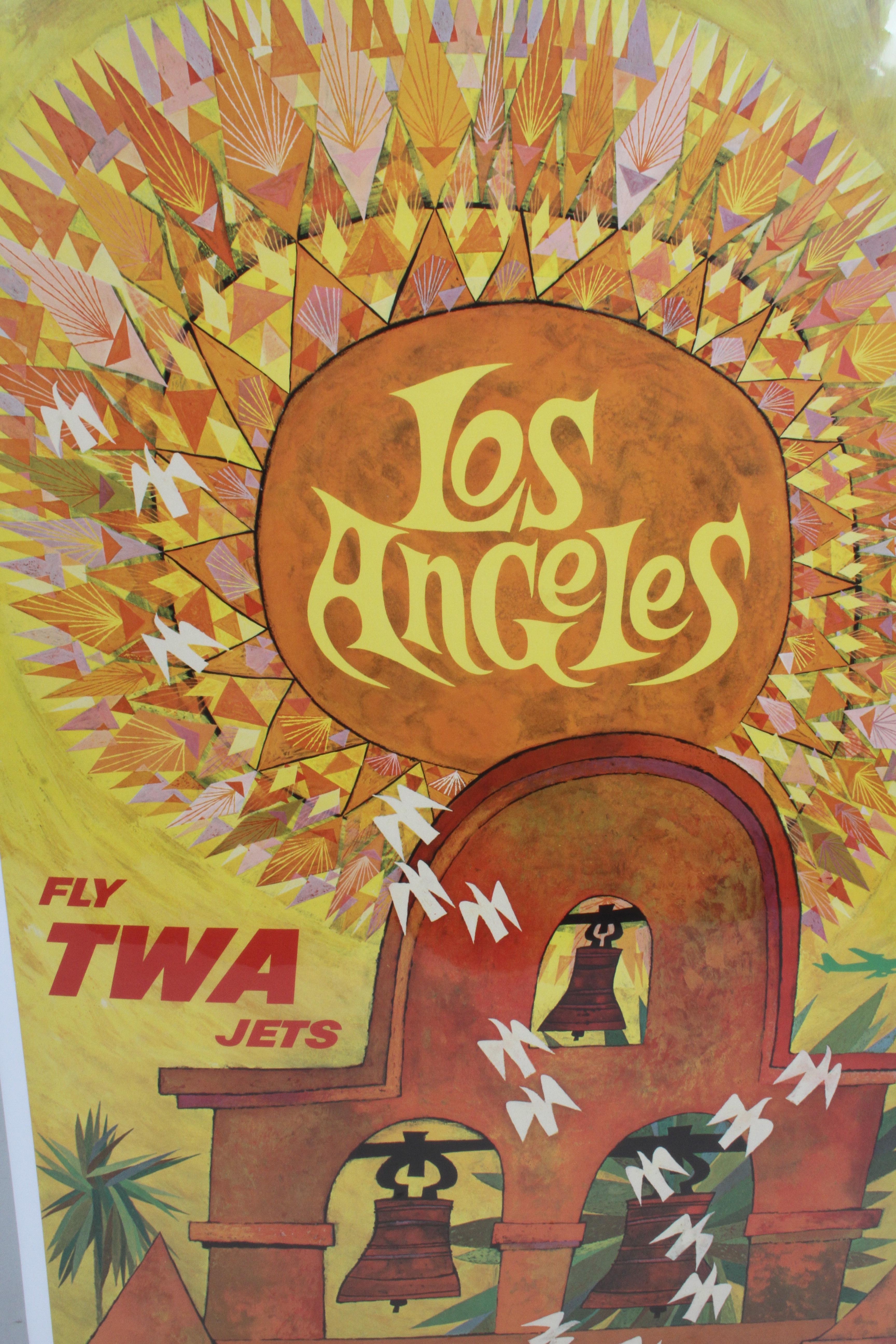 American Vintage Fly TWA Airlines to Los Angles Poster by Artist David Klein, circa 1960s For Sale