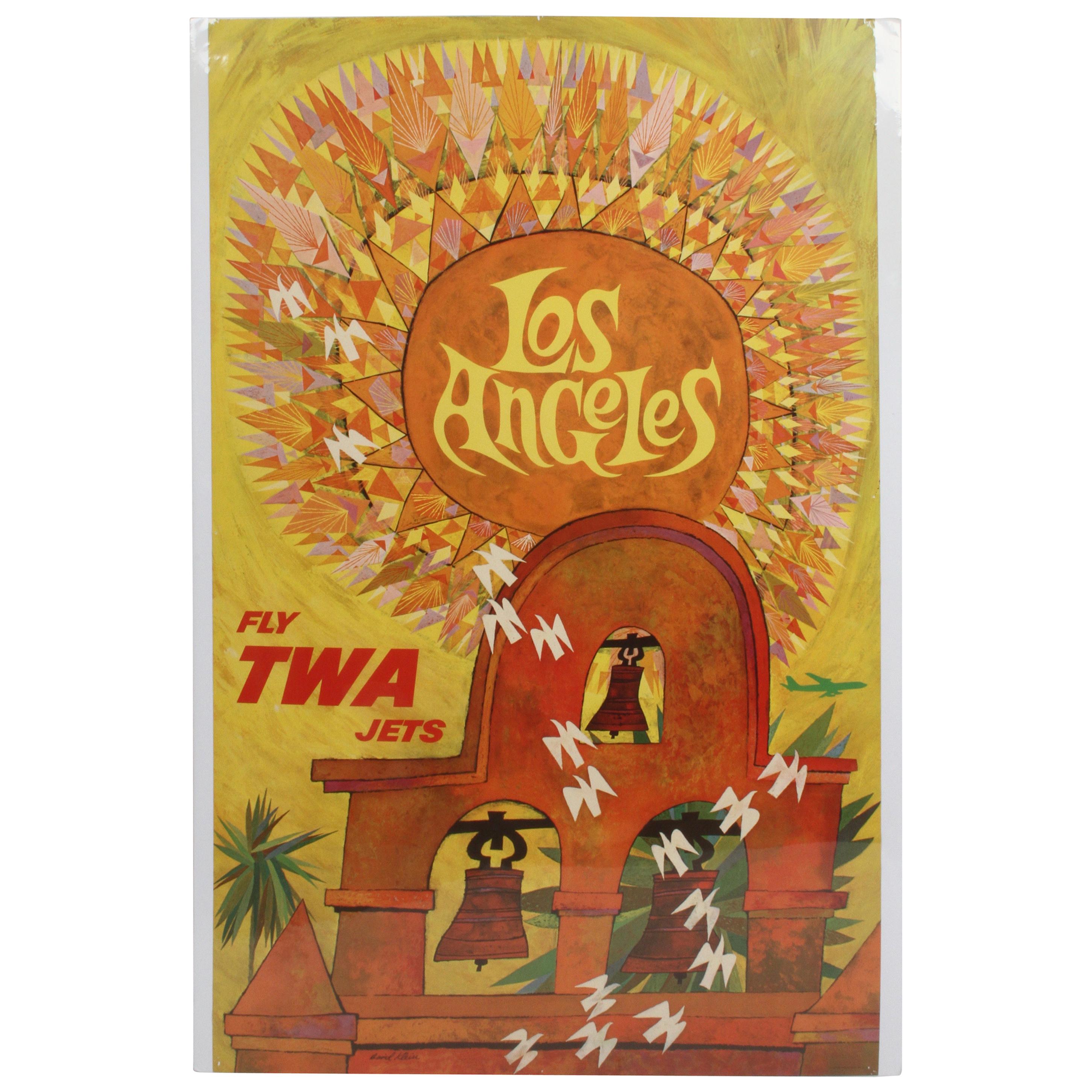 Poster vintage Fly TWA Airlines to Los Angles dell'artista David Klein, anni '60 circa