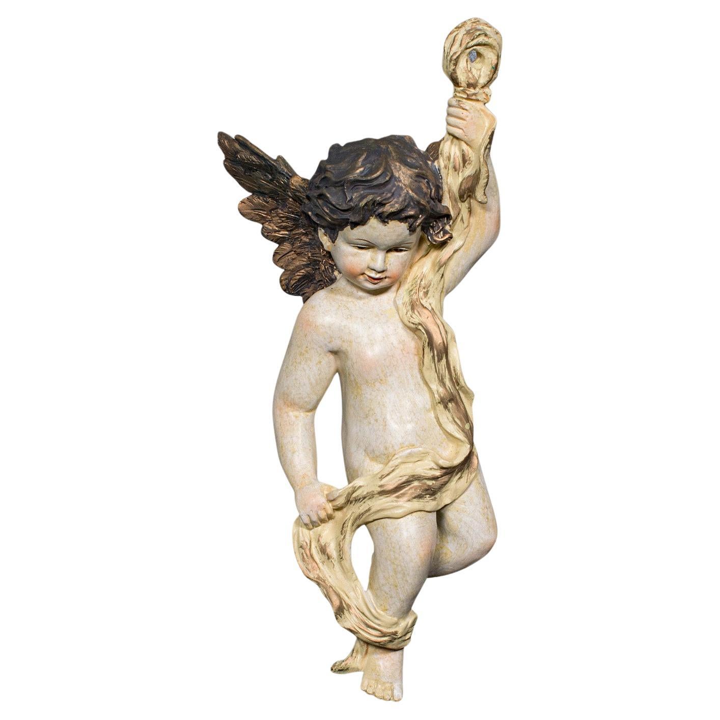 Cherubino volante vintage, italiano, in gesso, classico, romantico, figura di putto, 1980
