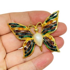 Vintage Fo signed gold tone enamel pearl butterfly designer brooch