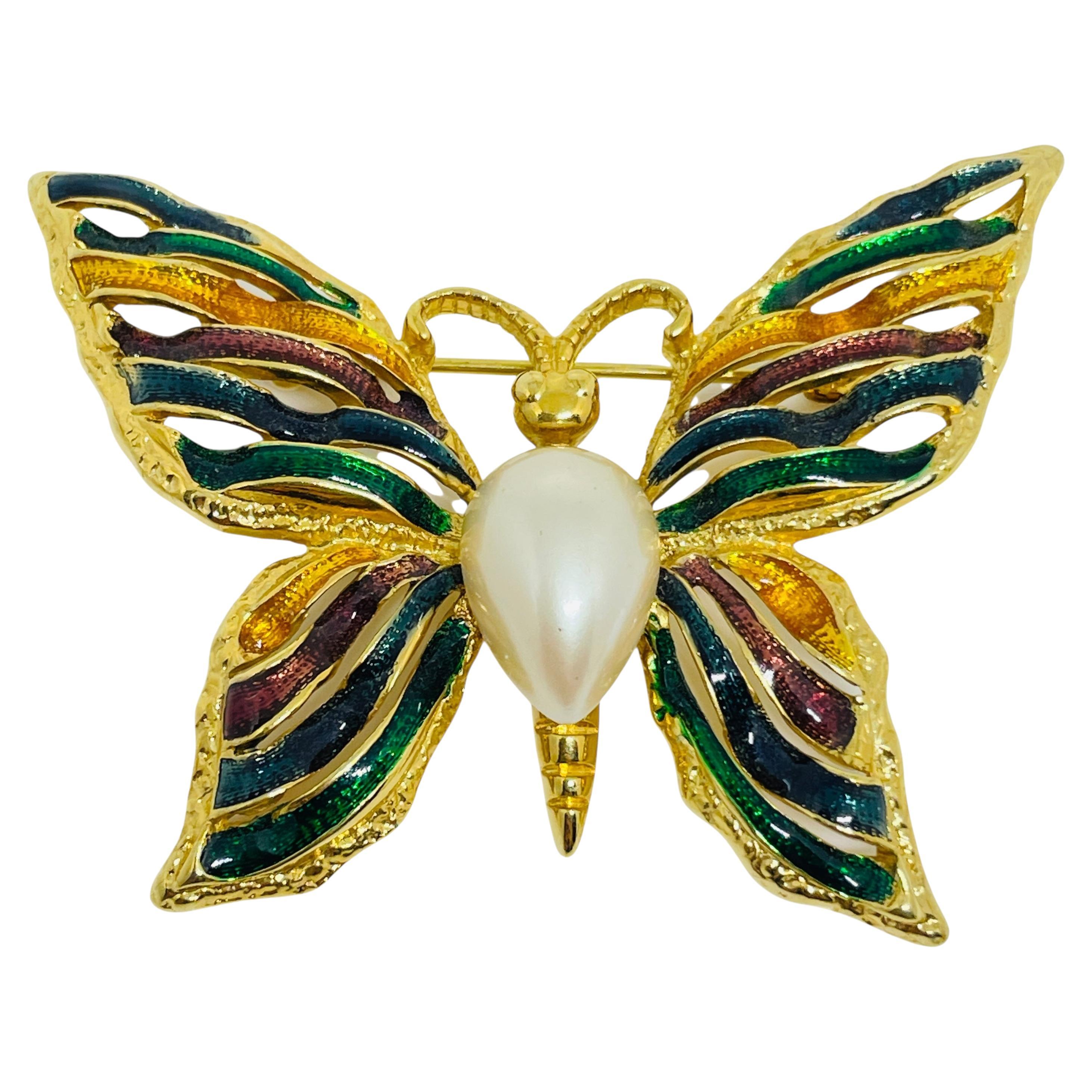 Broche vintage signée Fo, émail doré, perle et papillon de créateur