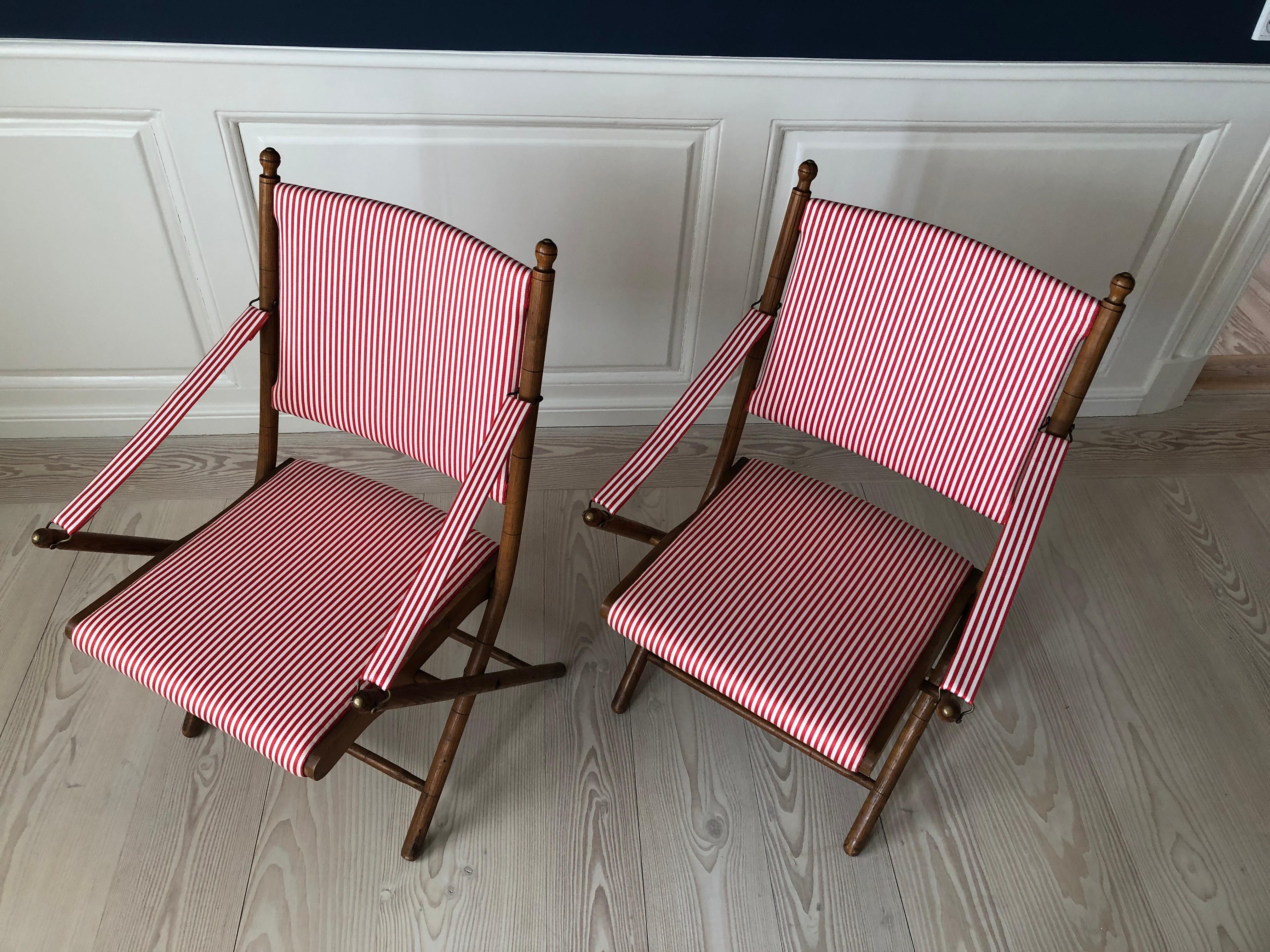 French Vintage Foldable Chairs in Faux Bamboo and Striped Textile, France 1950's