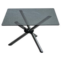 Retro foldable coffee table, chromed tubular metal and smoked glass