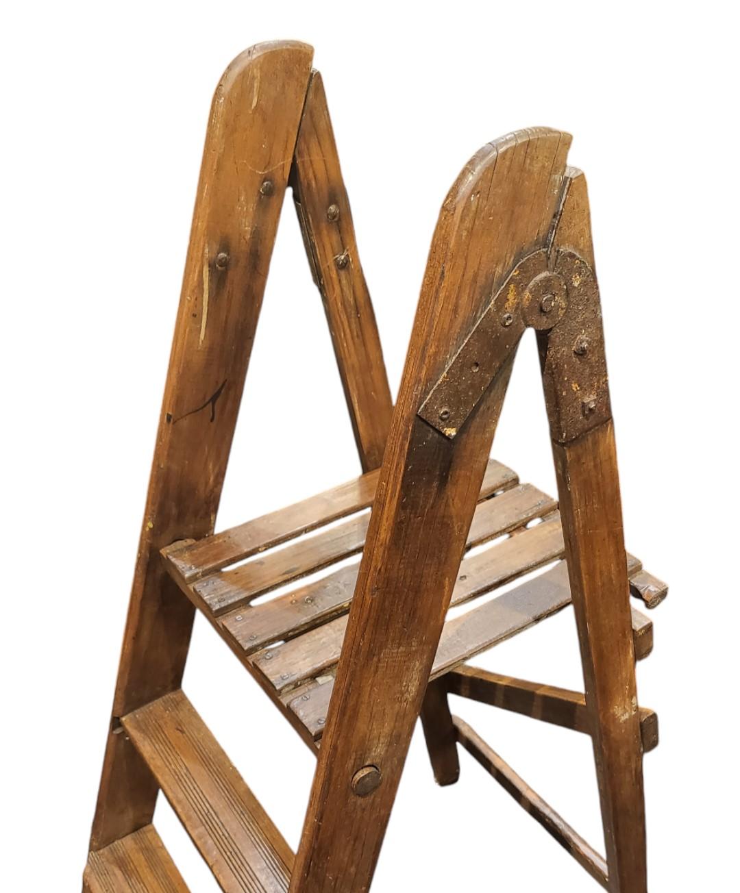 Hand-Crafted Vintage Foldable Wooden Library Steps