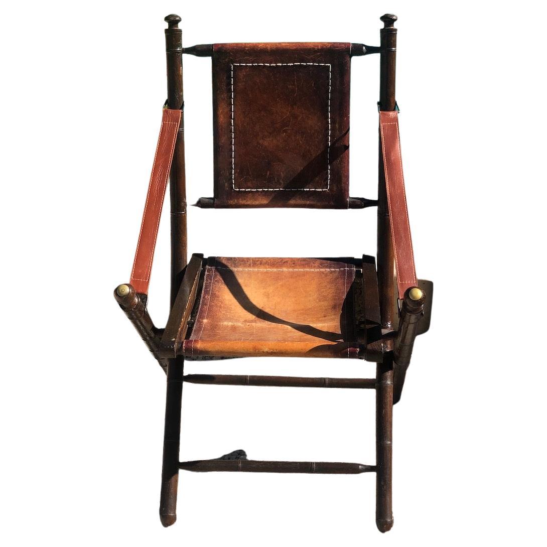 Chaise de bateau pliante vintage en cuir, bambou et laiton 1930