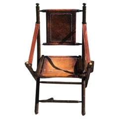 Vintage Folding Boat Chair in Leather, Bamboo and Brass 1930