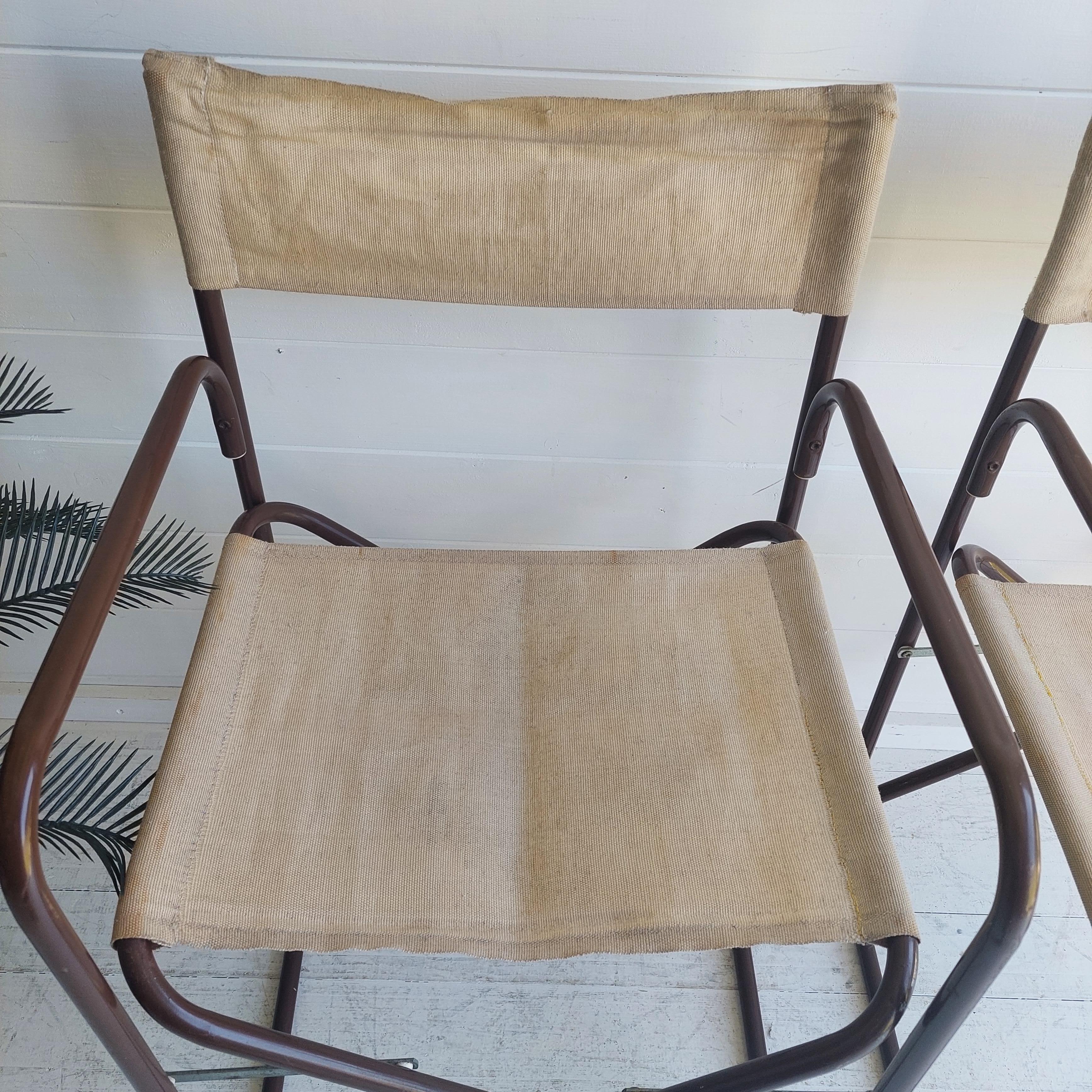 Vintage Folding Campaign Director’s 2 Chairs Metal & Canvas Gae Aulenti Style 5