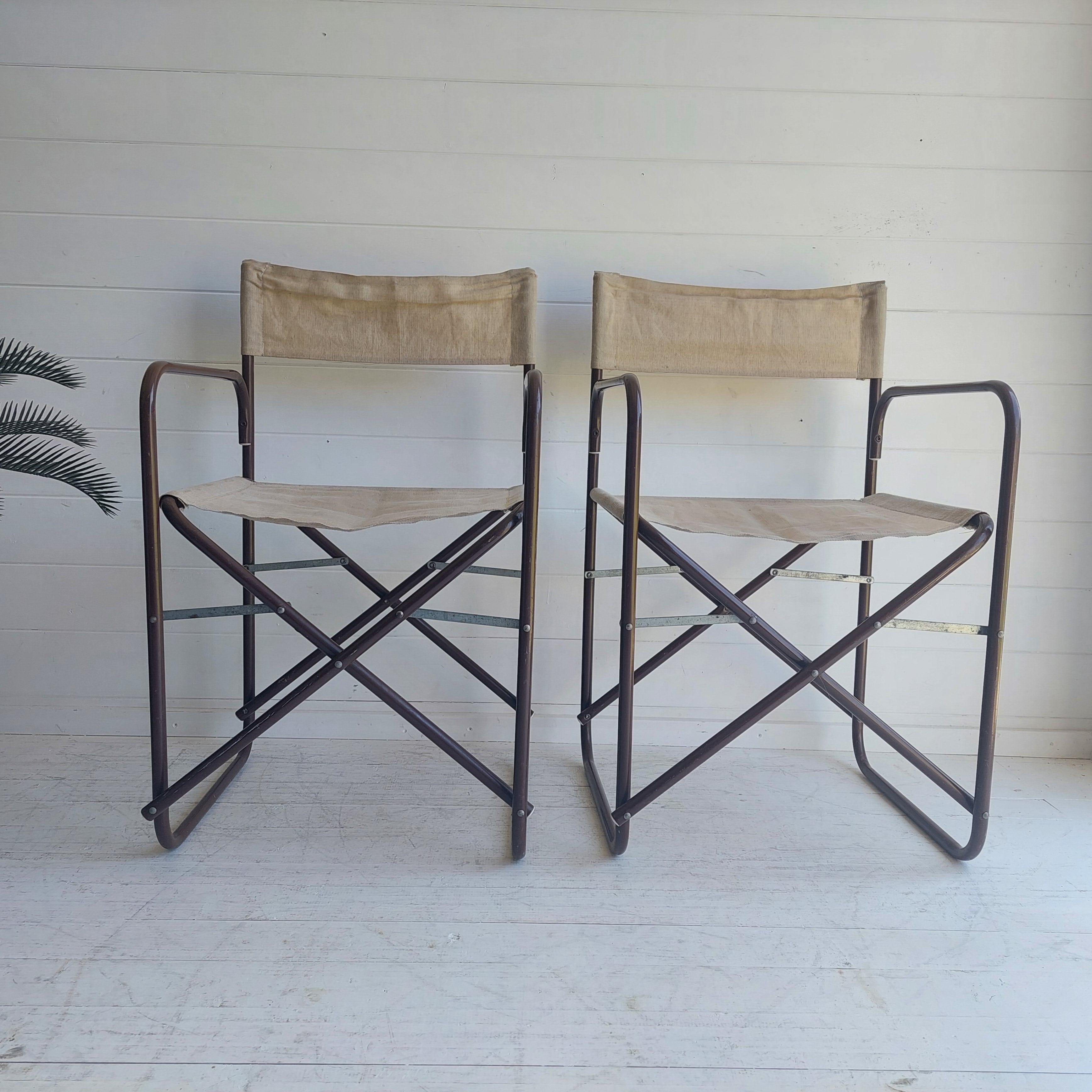 Mid-Century Modern Vintage Folding Campaign Director’s 2 Chairs Metal & Canvas Gae Aulenti Style