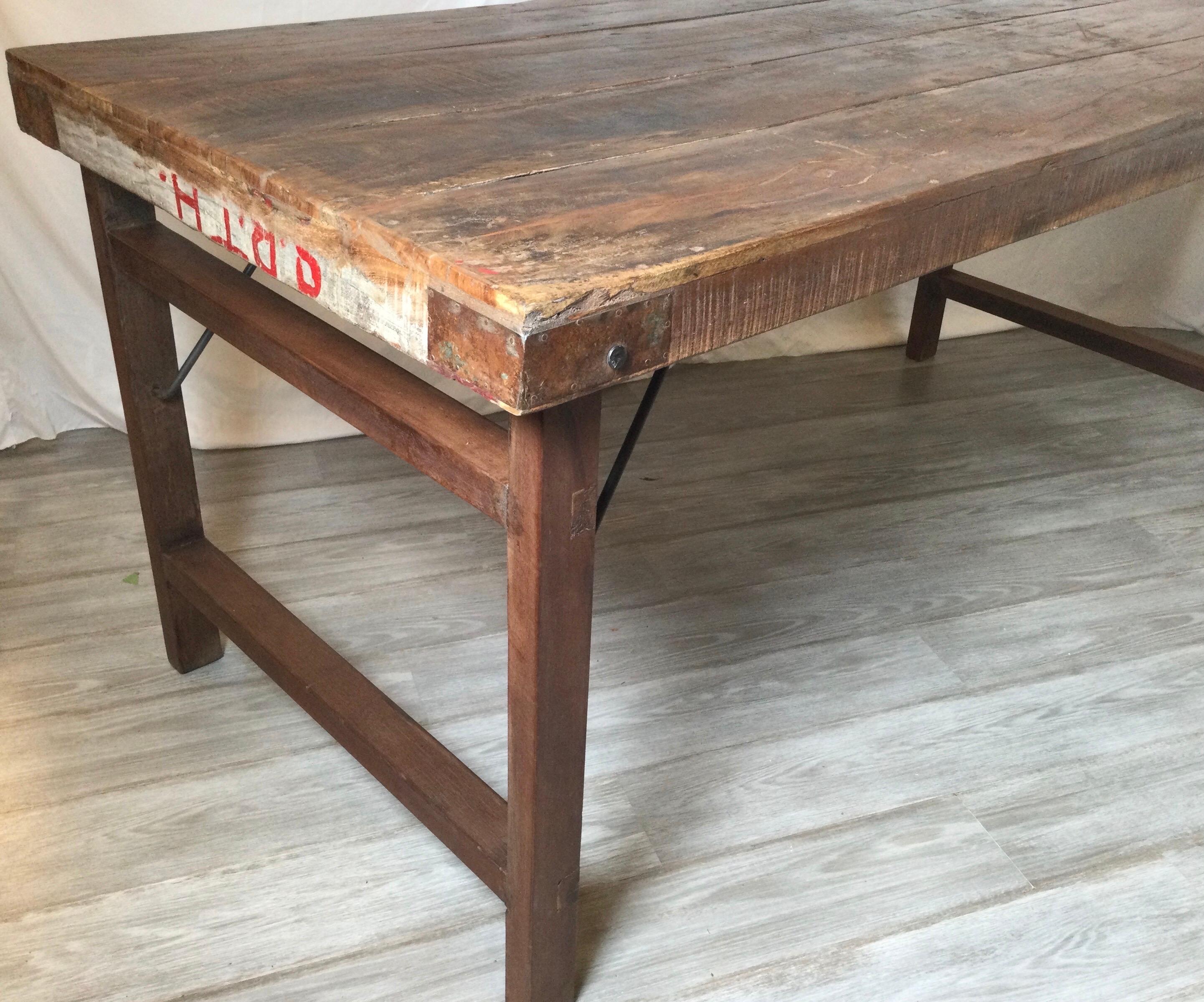 Vintage folding farm table desk. Nicely weathered wood table. Great size and height. Folds flat to about 3