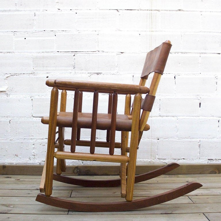 Vintage Folding Leather and Wood Rocking Chair For Sale at 1stdibs