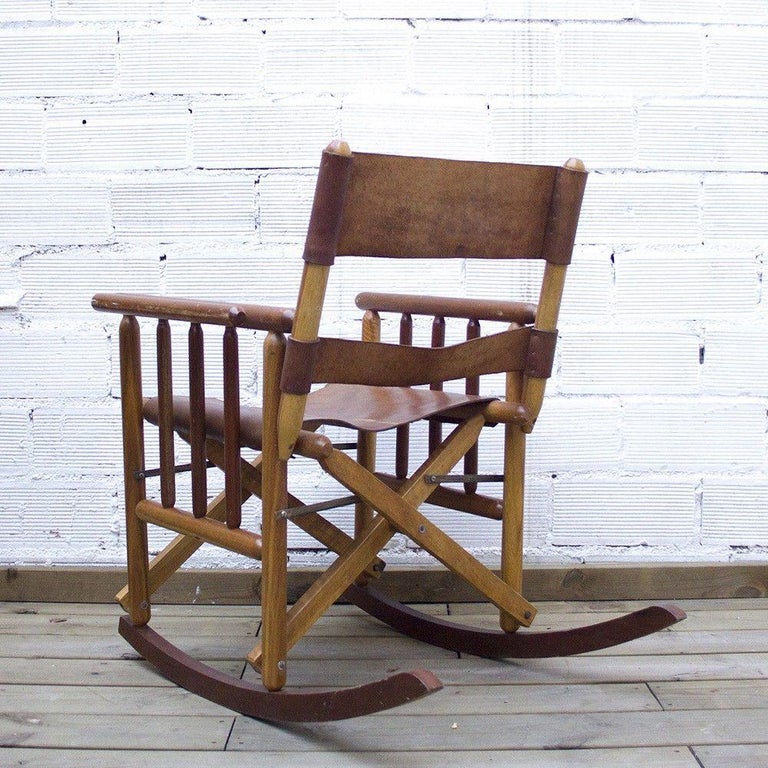 Vintage Folding Leather and Wood Rocking Chair For Sale at ...