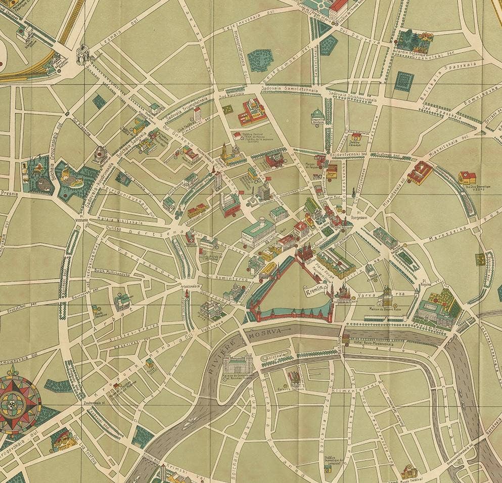Vintage Folding Map of the Streets of Moscow, Russia, circa 1950