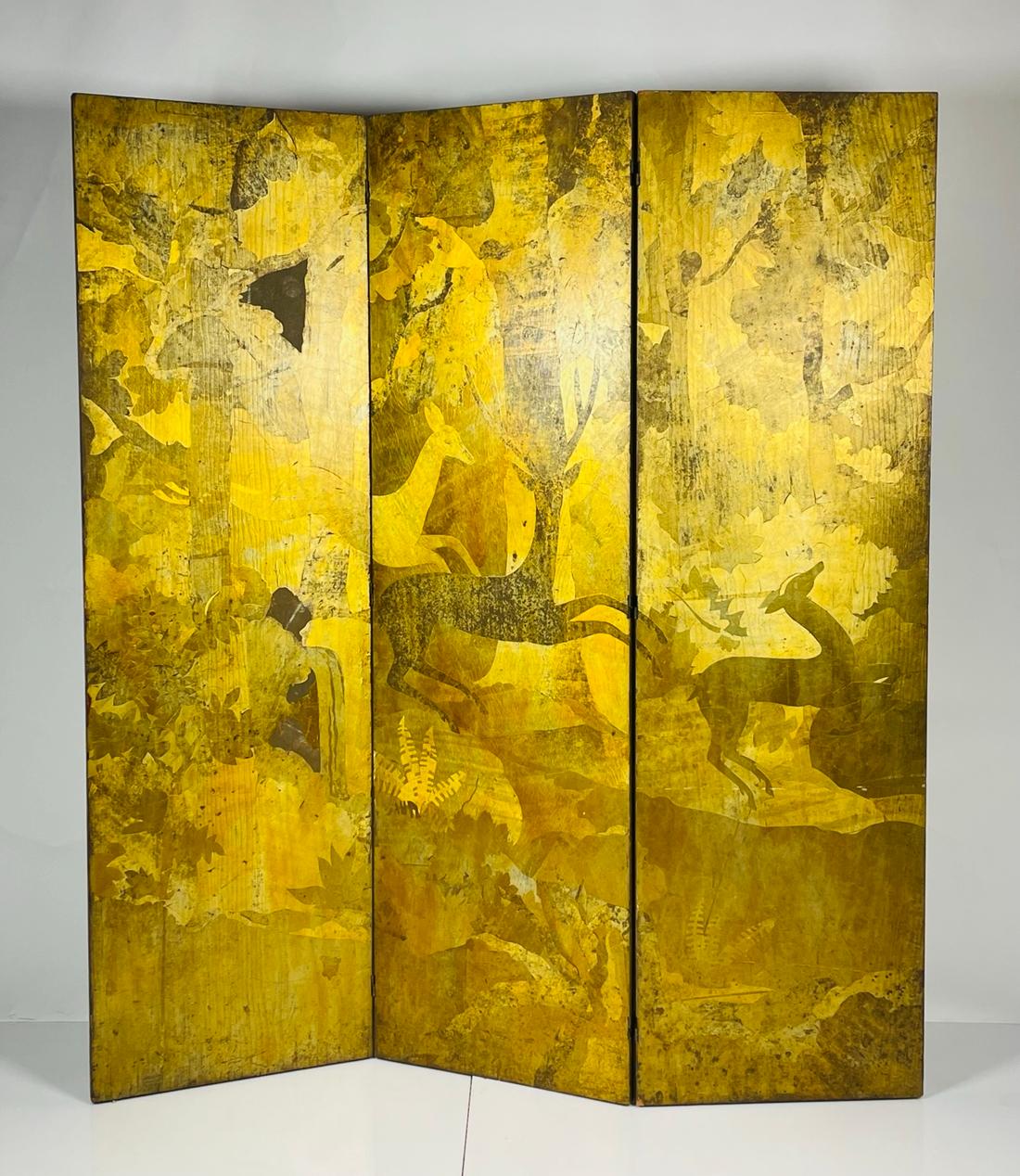 Mid-20th Century Vintage Folding Screen/Room Divider with Gold Leaf Flora & Fauna Details For Sale