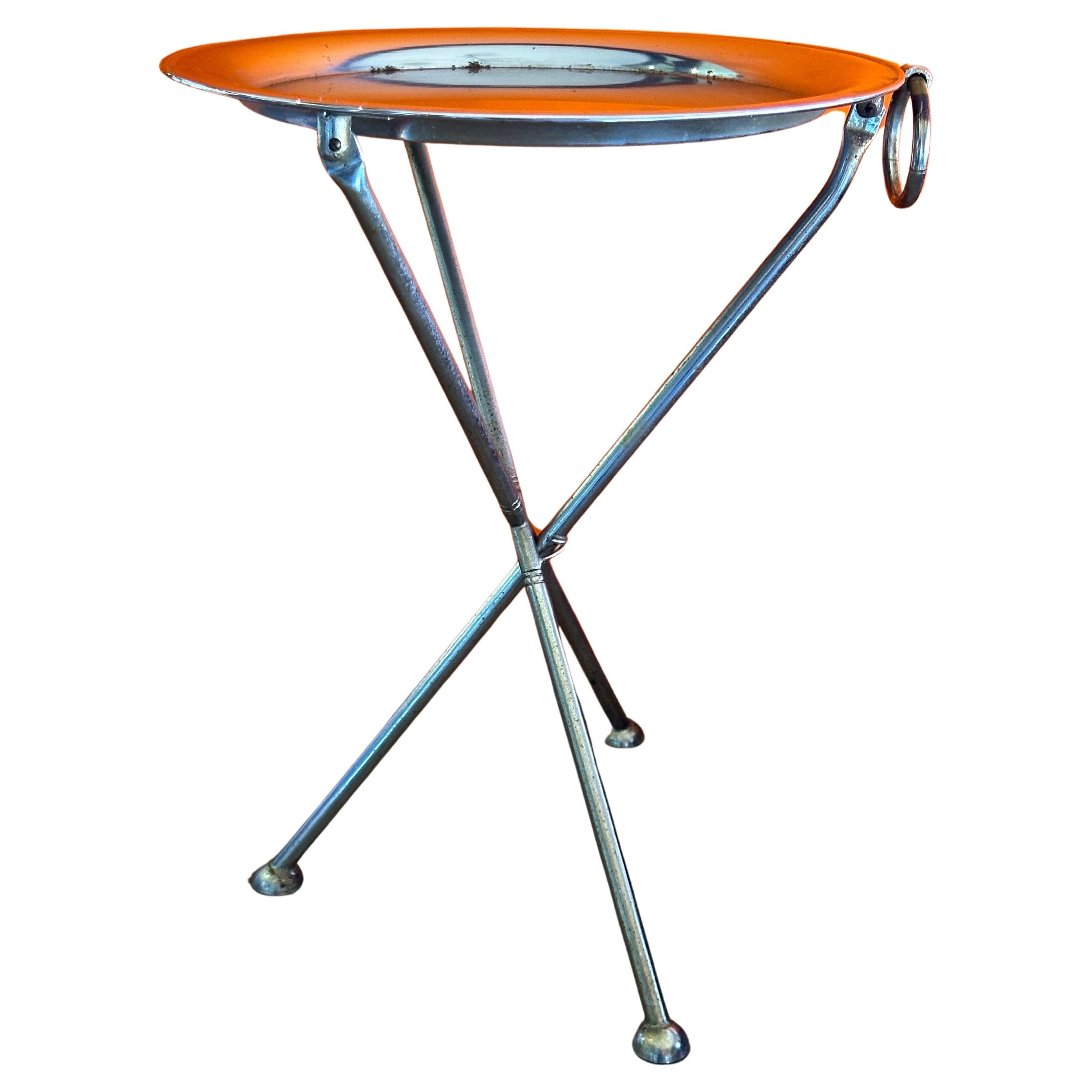 A very cool vintage folding silver-plated tripod tray table by Pedro Domecq in the style of Los Castillo, circa 1980s.  The table can be folded flat and has a ring so that it can be hung for easy storage.  Vintage condition with great patina! 