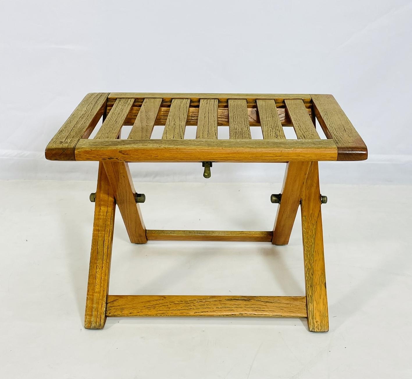 Vintage Folding Teak Slatted Stool by Summit Furniture, Outdoor or Indoor Seat For Sale 1
