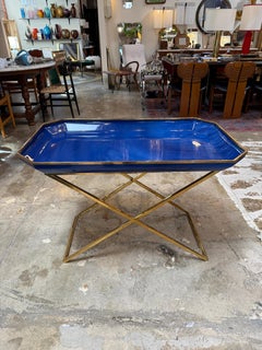 Vintage Folding Tray Table with Blue Enamel Tray and Brass Base, 1970s
