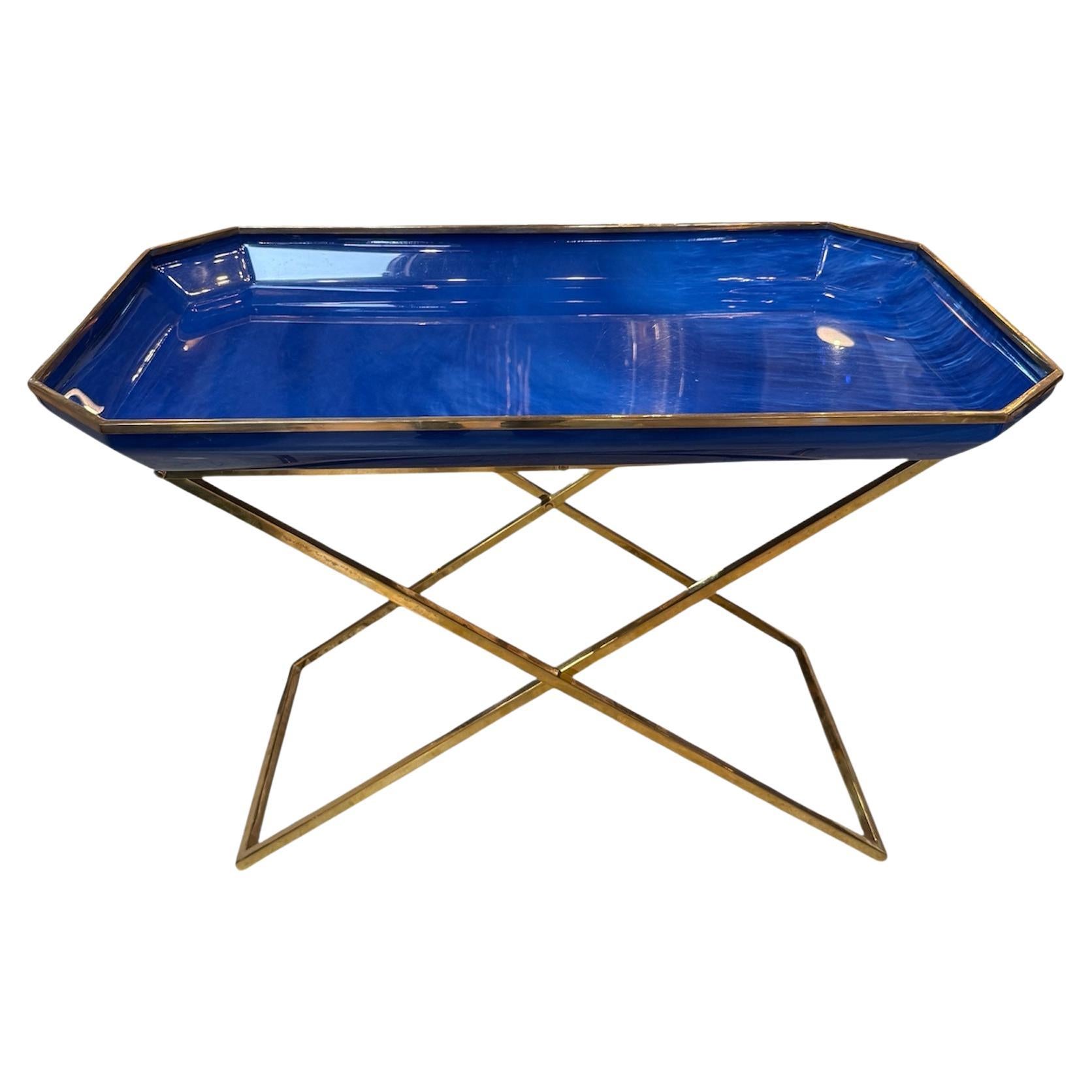 Vintage Folding Tray Table with Blue Enamel Tray and Brass Base, 1970s For Sale