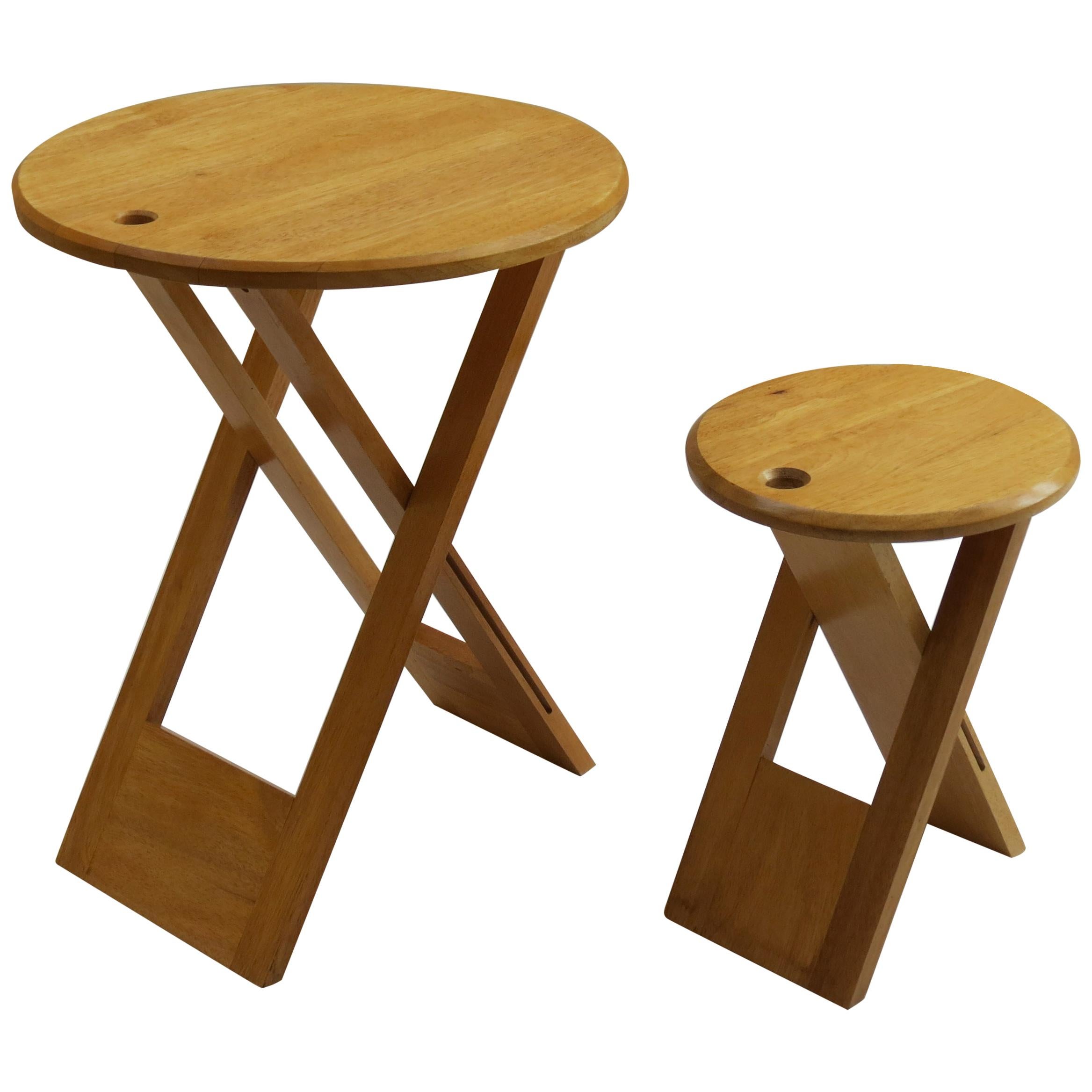 Vintage Folding Wooden Stool and Table in the Style of Suzy Stool by Adrian Reed