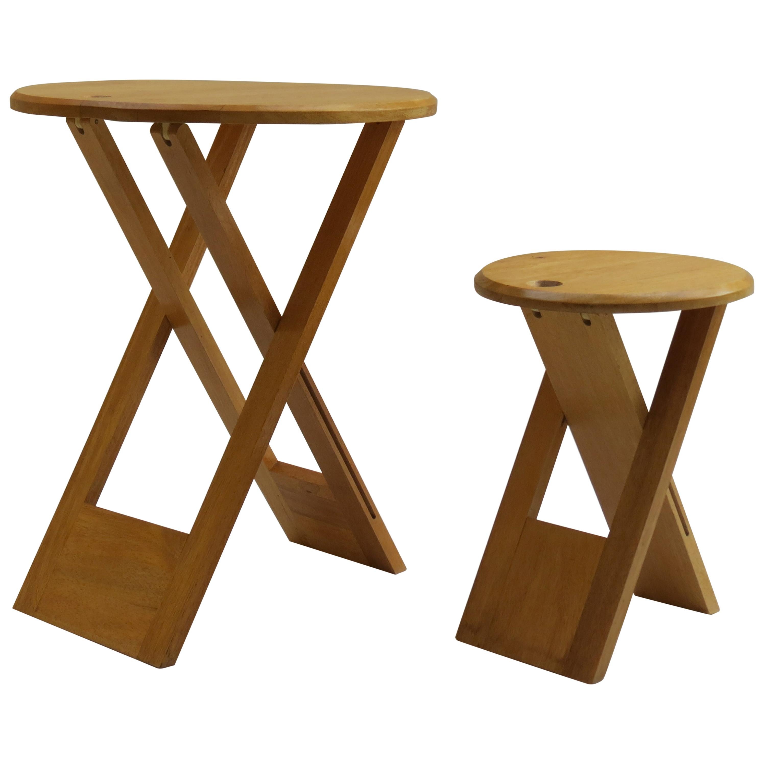 Vintage Folding Wooden Stool and Table in the Style of Suzy Stool by Adrian Reed