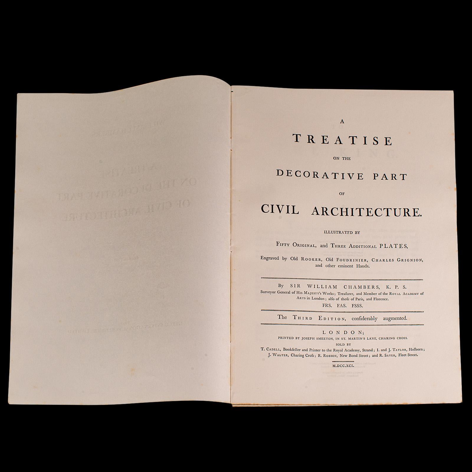 This is a vintage folio A Treatise on the Decorative Part of Civil Architecture. An unbound reproduction of the 18th century original by Sir William Chambers, printed in 1969.

Born in Sweden, Sir William Chambers (1723 - 1796) was an 18th century