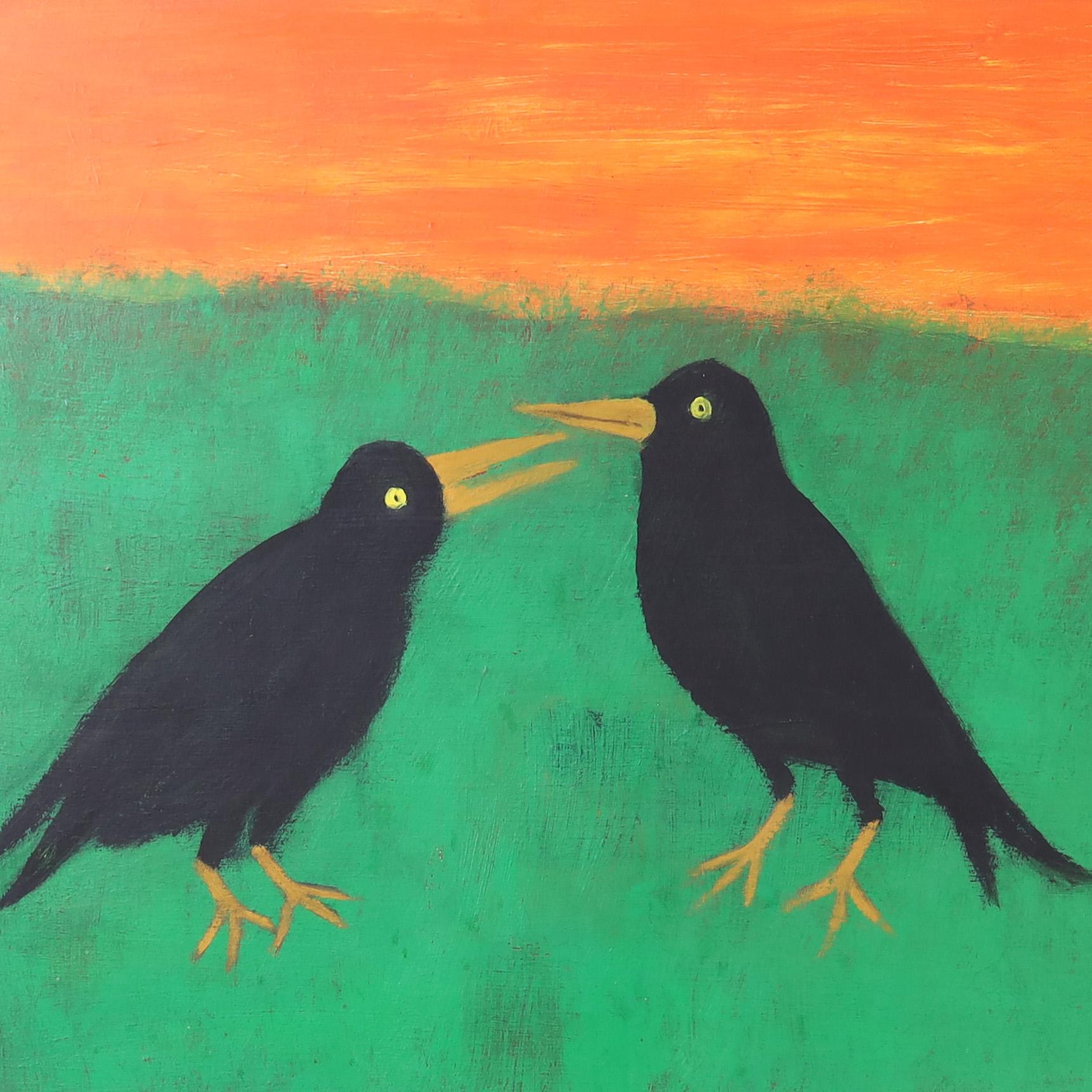 Charming Mid Century acrylic painting on board of two crows or ravens with quirky expressions under a blazing sky executed in a loose naive style. Presented in the original anodized gold aluminum frame.