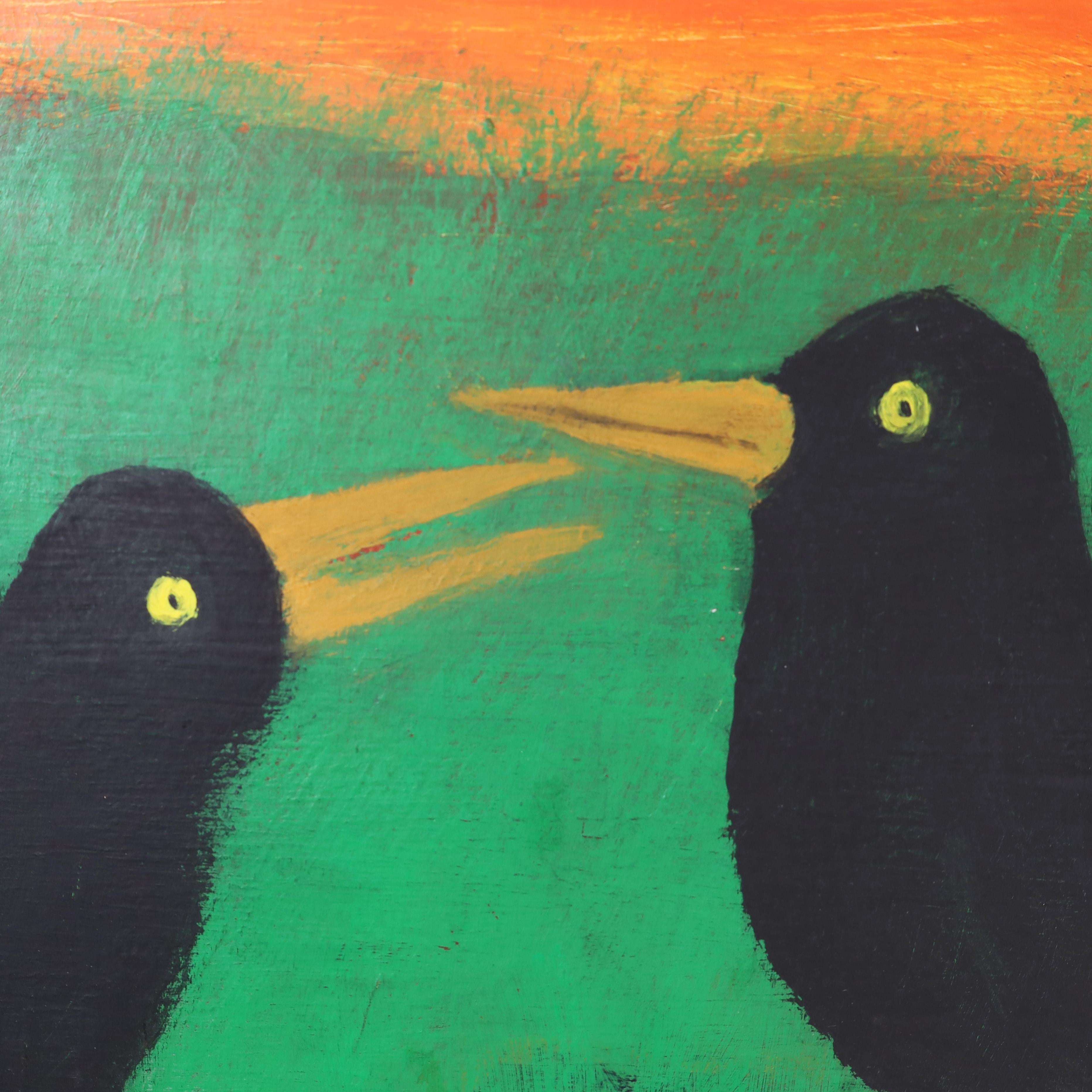 American Vintage Folk Art Acrylic Painting on Board of Two Crows or Birds
