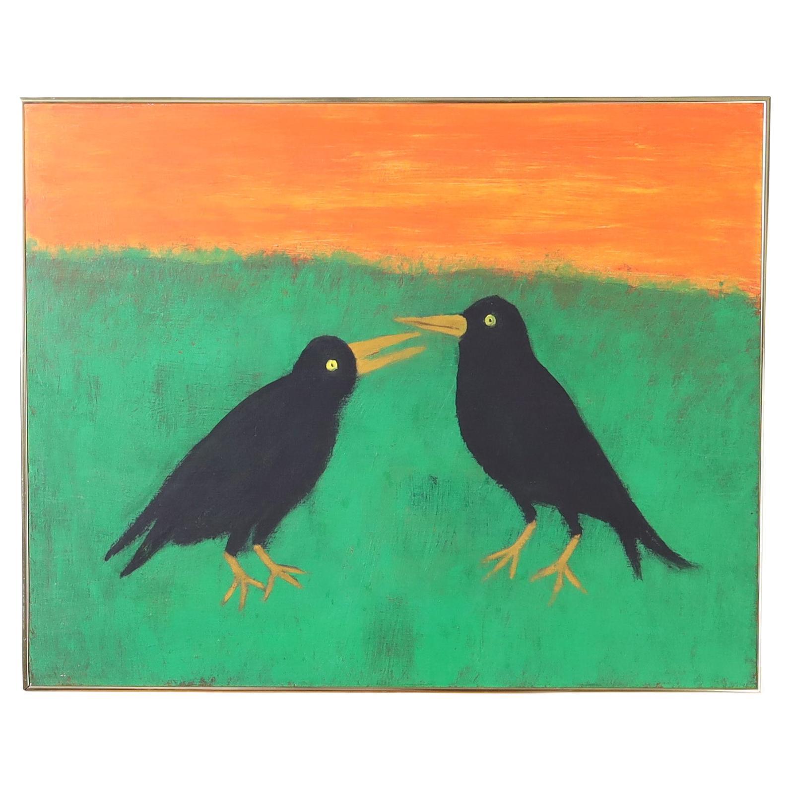 Vintage Folk Art Acrylic Painting on Board of Two Crows or Birds For Sale