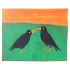 Vintage Folk Art Acrylic Painting on Board of Two Crows or Birds