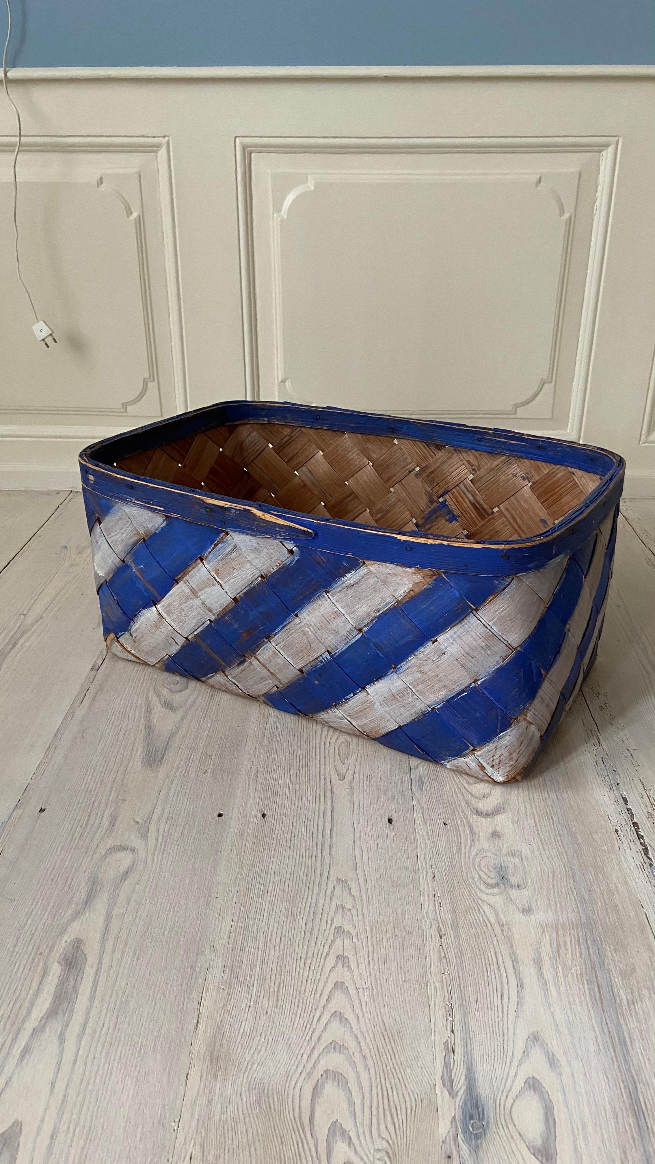 Swedish Vintage Folk Art Basket with Blue and White Stripes, Sweden, Mid 19th-Century For Sale