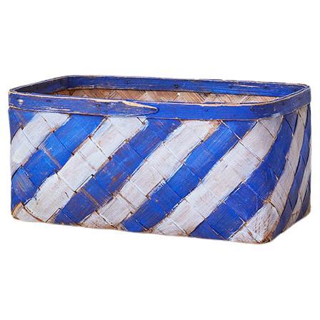Vintage Folk Art Basket with Blue and White Stripes, Sweden, Mid 19th-Century