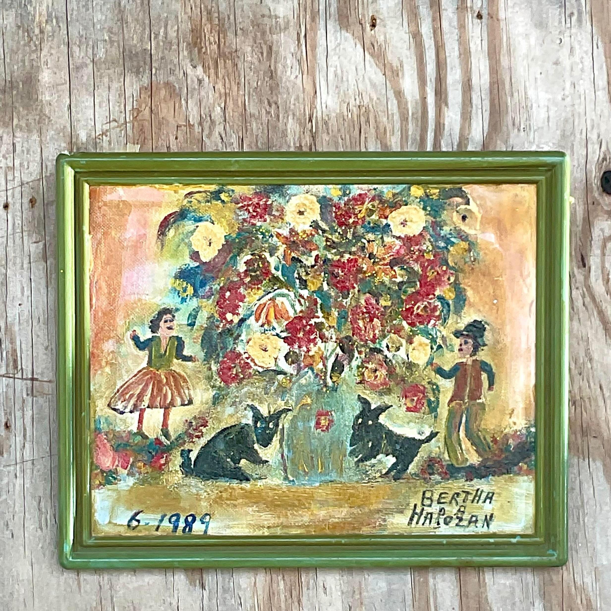 A fabulous vintage Boho original oil painting. A beautiful Abstract Expressionist composition in small strokes. A work done by the highly collectible Bertha Halozan. Signed and dated by the artist. Acquired from a Palm Beach estate.