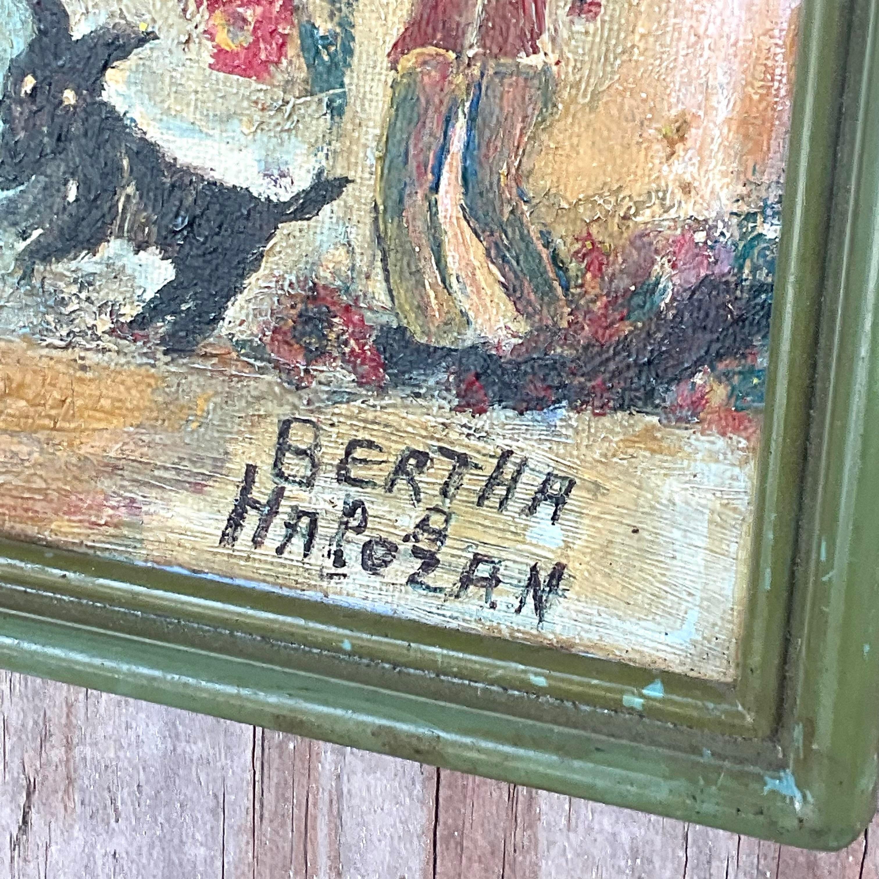 Vintage Folk Art Bertha Halozan Original Oil Painting on Board For Sale 2