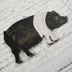 Schwarzweißes Vintage-Volkskunst-Wandschmuck, Hampshire Pig Smith Farms, Sperrholz, Schild, Vintage