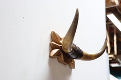 Vintage Folk Art Bull Horn Wall Sculpture / Coat Rack with Hand Carved Bracket