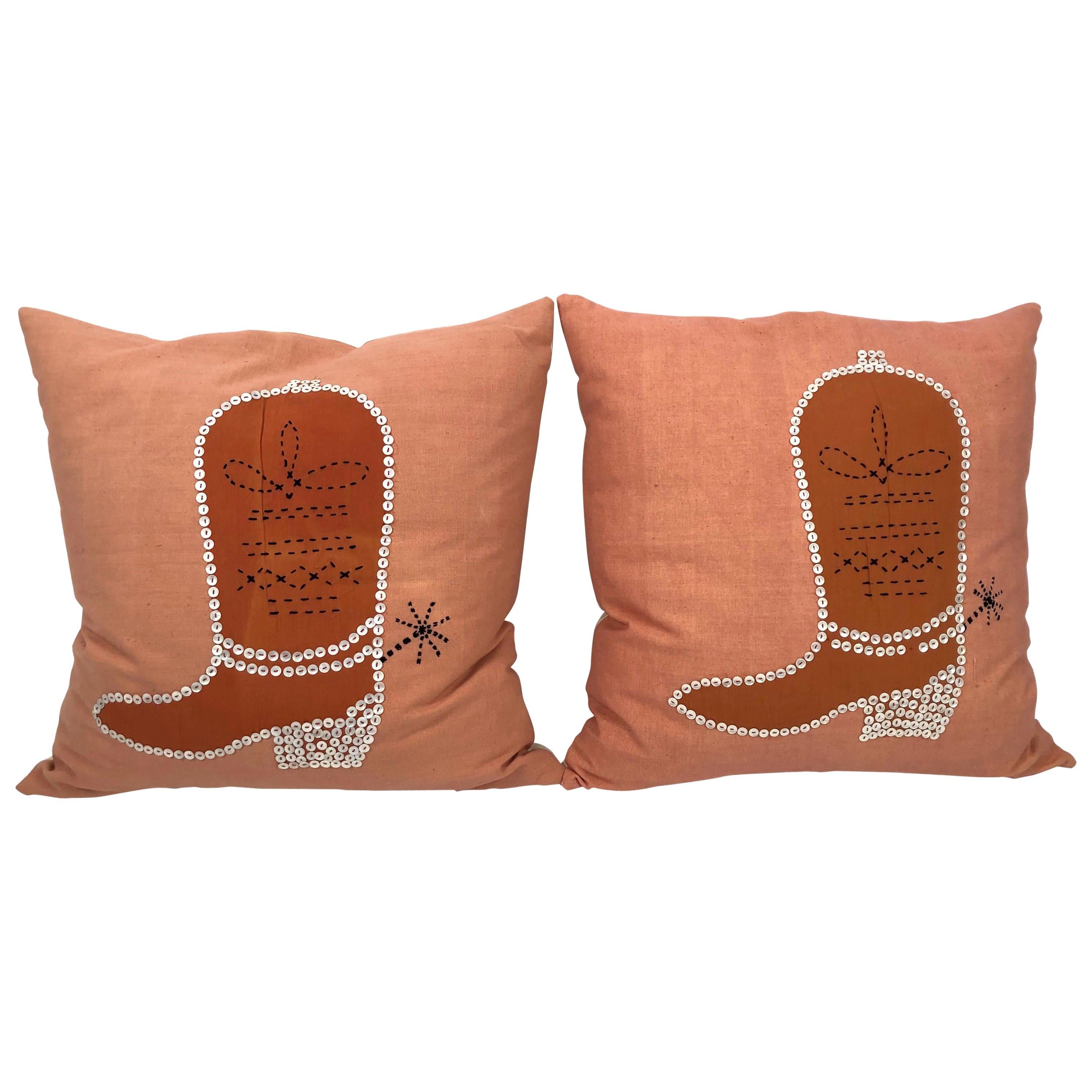 Vintage Folk Art Burnt Orange Cowboy Boot Pillows