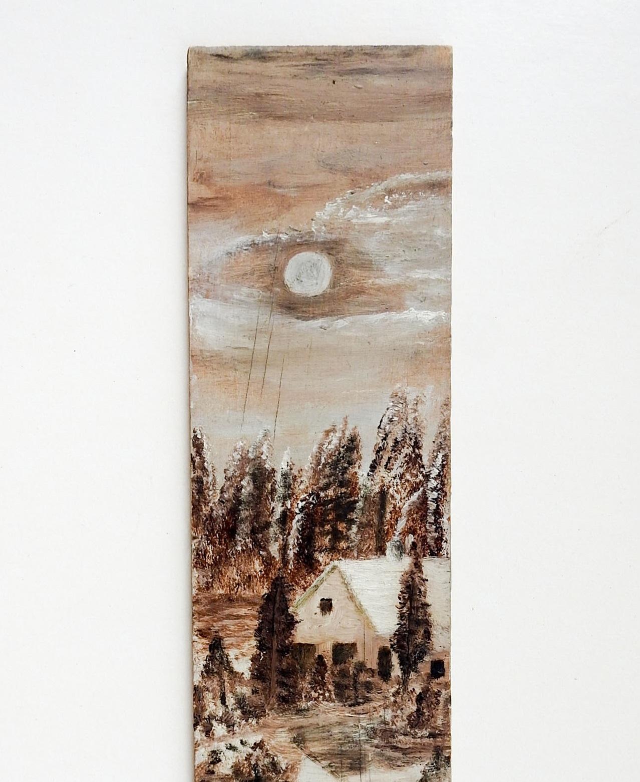 Antique circa 1915 oil on wood board folk art winter forest cabin scene painting, wood is from an old tobacco crate. Unsigned. Unframed, edge wear.
