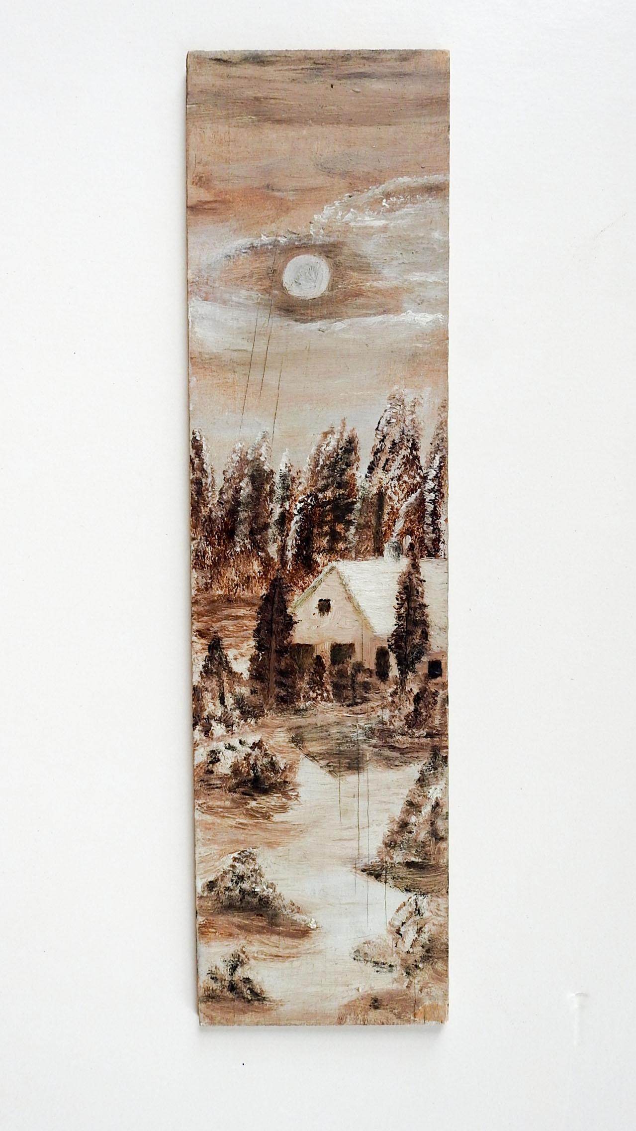 Vintage Folk Art Cabin in Winter Snow Landscape Long Format Painting In Good Condition For Sale In Seguin, TX