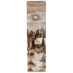 Vintage Folk Art Cabin in Winter Snow Landscape Long Format Painting